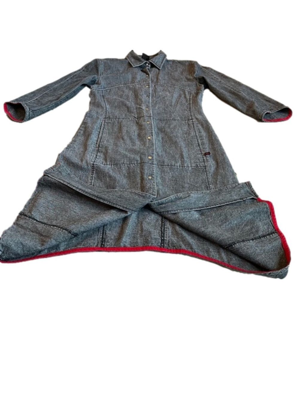 Midi Denim Shirt Dress Faded Black Jean Dress Red Trim Snap ButtonsTRISTAN Small - Picture 4 of 16